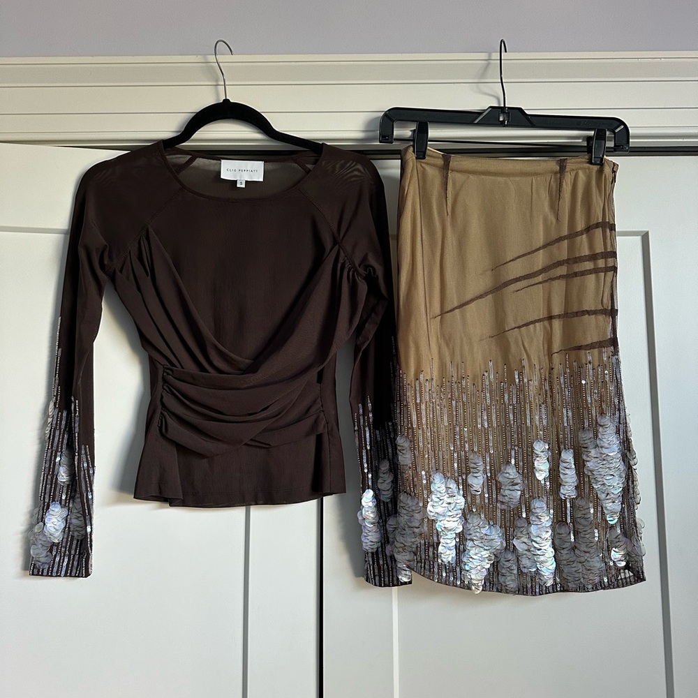Clio Peppiatt Magnolia Set: Matching long sleeve draped top + skirt with sequins